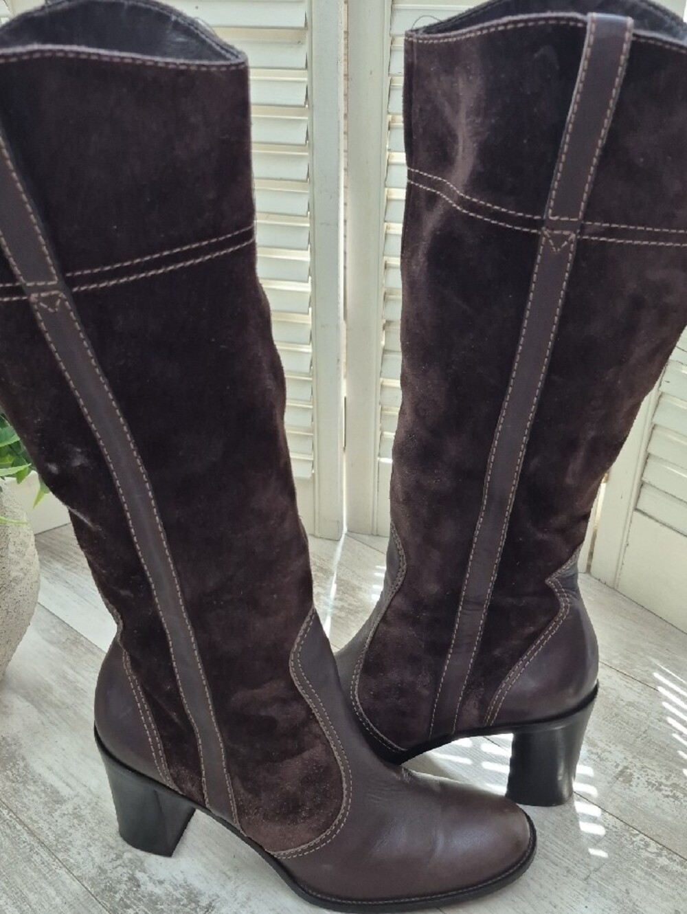 Franco Sarto Tall Dark Brown Suede & Leather Heel Boots - Picture 4 of 8